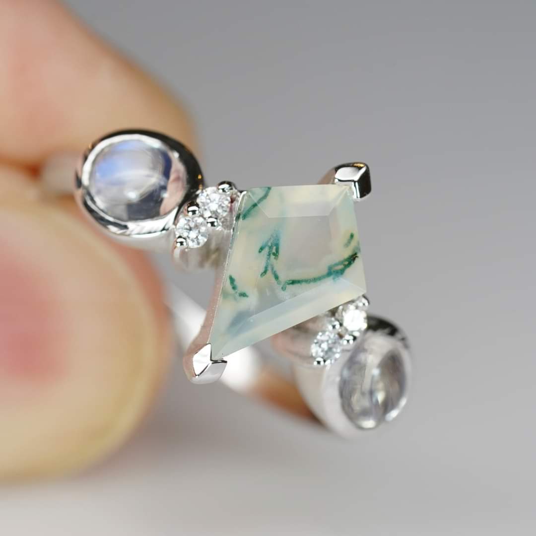 14k WG Moss Agate, Moonstone and Diamond Custom Ring