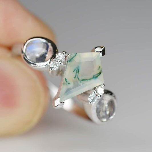 14k WG Moss Agate, Moonstone and Diamond Custom Ring